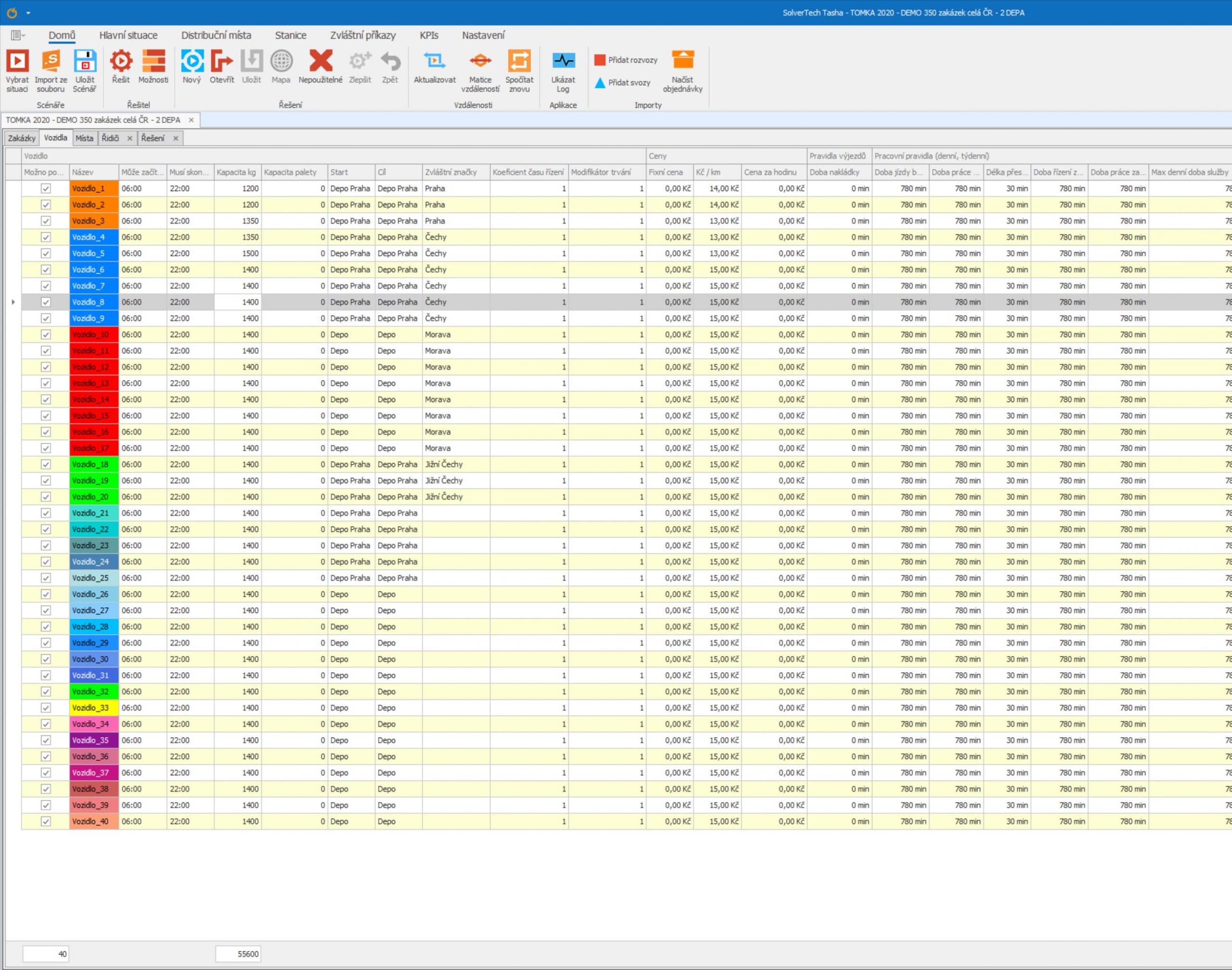 náhled programu Tasha - seznam vozidel